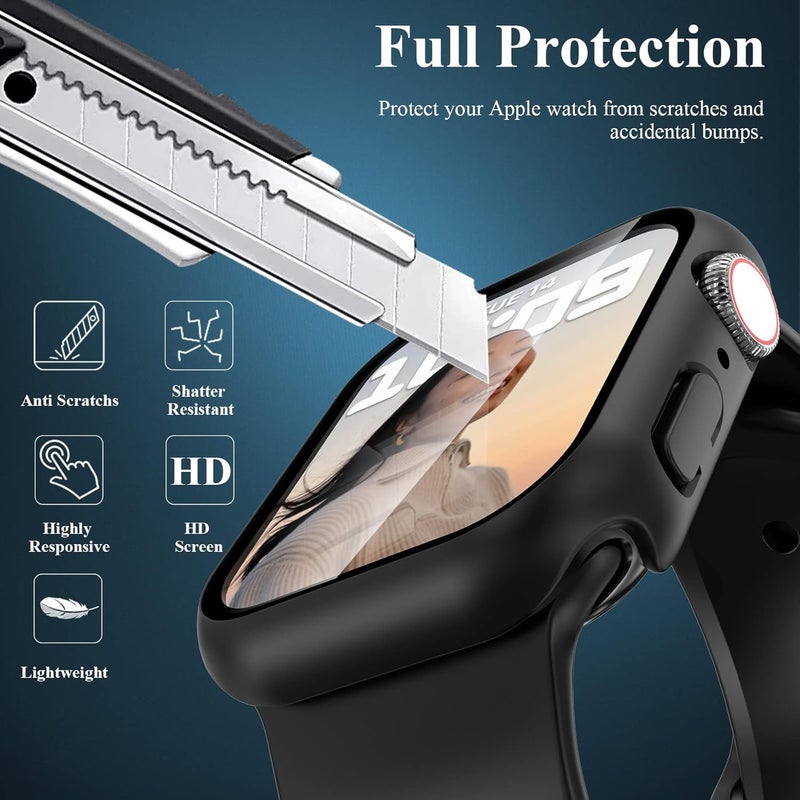 EWUONU 3 Pack Case Compatible with Apple Watch Series 9/8/7 41mm with Tempered Glass Screen Protector, Hard PC Full Coverage Ultra-Thin HD Bumper Protective Cover for iWatch 41mm, Black/Black/Black - Image 3